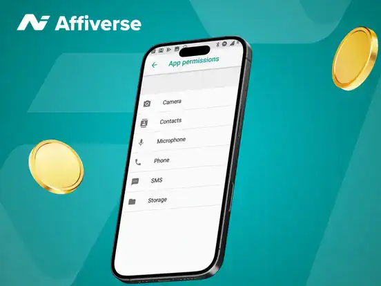 An app permission on a phone with two coins against a green background.