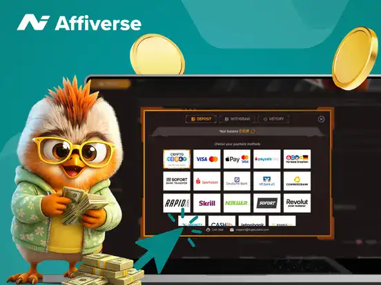 Casino deposit process on a laptop with a cursor, a bird, and two coins.