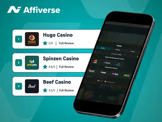 Affiverse graphic showing top casino reviews and a smartphone displaying payment logos.