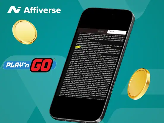 Play'n GO logo with terms on a phone search with two coins against a green background.
