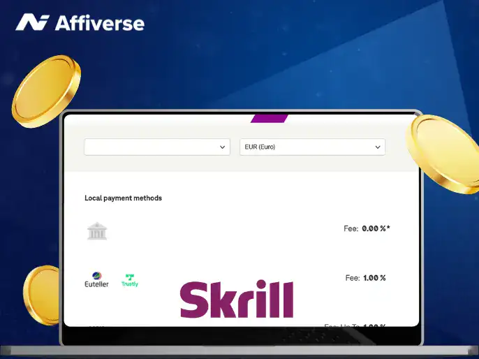 A laptop screen showing payment methods, gold coins surround the screen.