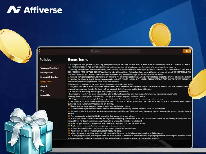 Bonus terms on a laptop with coins and a gift box against a blue background.