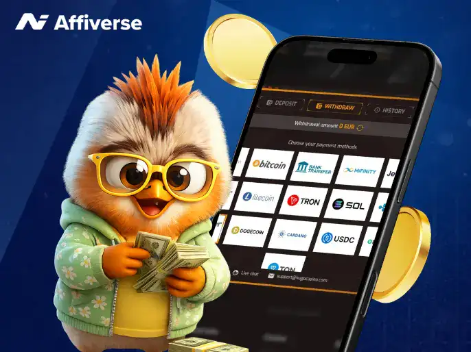Withdrawal process on a phone with two coins and a bird mascot against a blue background.