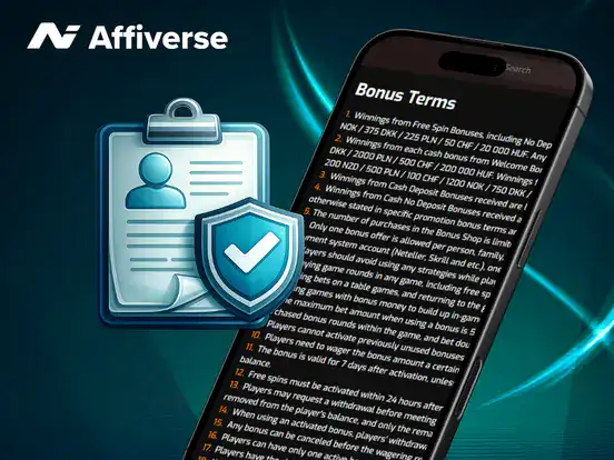 Bonus terms on a phone with a checkmark against a blue background.