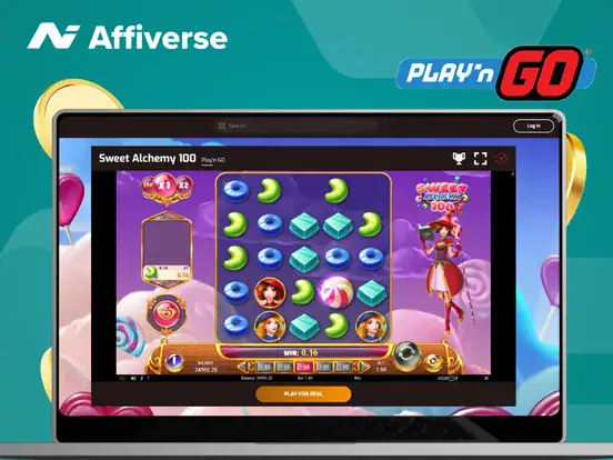 Sweet Alchemy on a laptop with two coins and a Play'n GO logo against a green background.