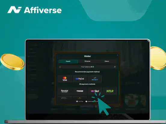 A laptop displaying a digital wallet interface with various payment methods like Visa and Skrill.