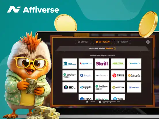 Casino withdrawal methods on a laptop with a bird and two coins.