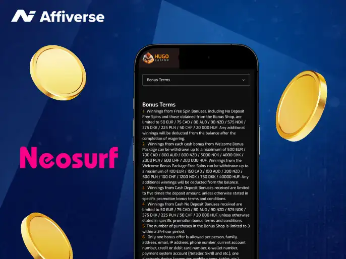 A phone shows bonus terms with coins against a blue background.