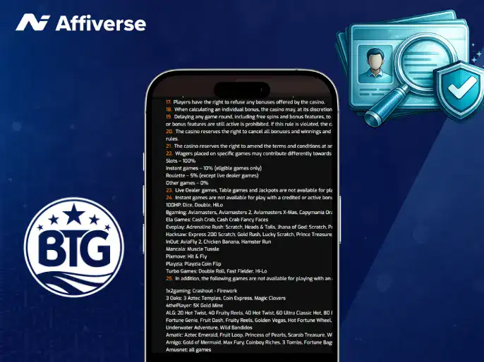Bonus contributions on a phone with a licence check and a BTG logo against a blue background.