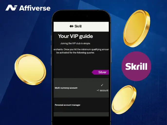 Mobile screen showing Skrill VIP guide with Silver status, surrounded by floating gold coins.