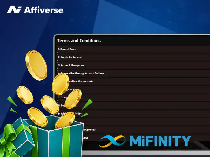 Terms on a laptop with a MiFinity logo and a gift box.
