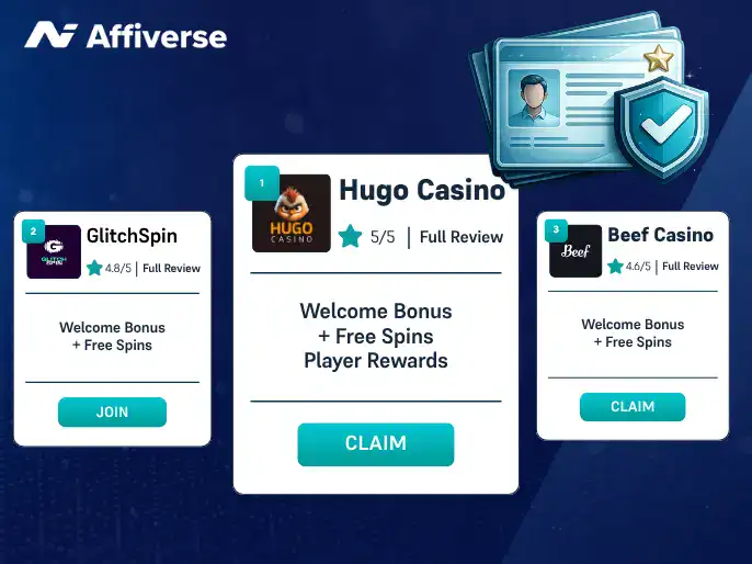 Hugo, Alawin and Glitchspi with a licence check against a blue background.