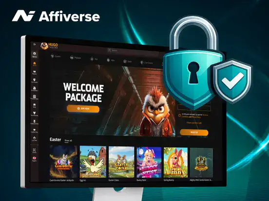 A computer screen displays a gaming platform with 'Welcome Package' and various game thumbnails.