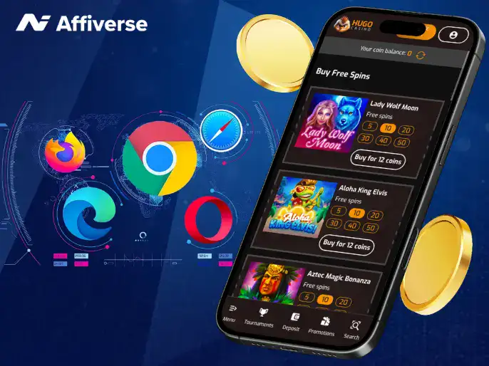 Smartphone displaying Hugo Casino next to icons for Chrome, Safari, Firefox, Edge, and Opera.