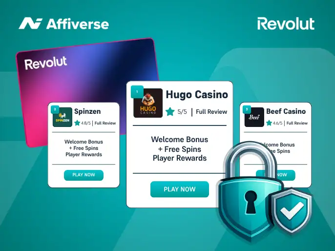 Revolut casino listings shown with a card, padlock, and security shield