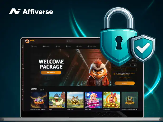 Laptop screen showing a gaming website with a large padlock symbol with a shield overlaying conveys security.