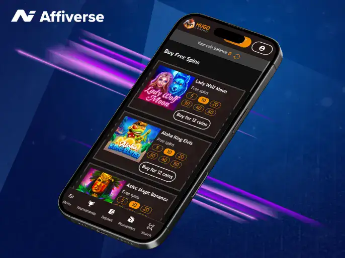 Smartphone displaying the Hugo Casino game library with options to buy free spins for various slots.