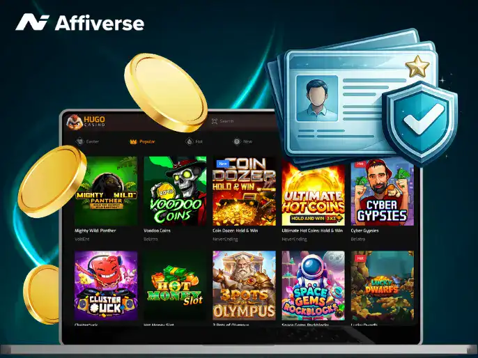 A digital image shows a laptop screen displaying various casino games, featuring bright icons and coin graphics.