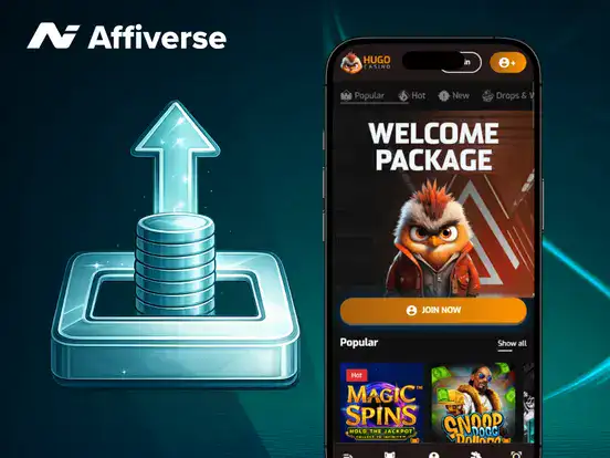 A smartphone screen displays a "Welcome Package" with a cartoon character, beside a graphic of coins and an upward arrow.