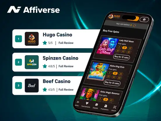 Affiverse ranking of online casinos with a smartphone displaying slot games.