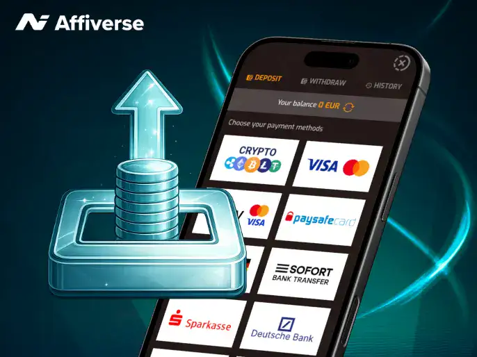 A smartphone displays various payment methods, including crypto and bank cards.