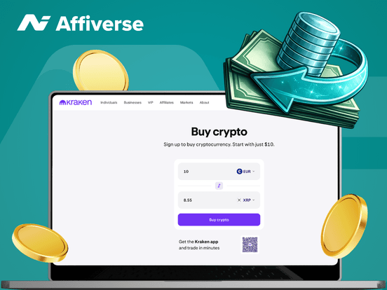 Laptop screen showing a Kraken crypto buy page with a stack of cash and coins floating around it.