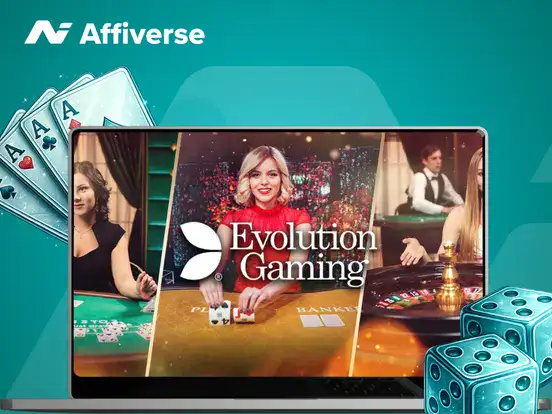 Evolution Gaming live dealer games on a laptop with casino cards and dice