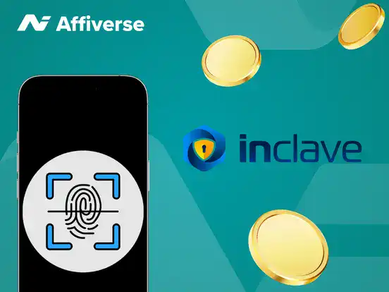 A biometric authentication logo with the Inclave symbol and coins against a green setting.
