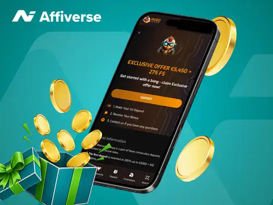 A smartphone displays a 200% deposit match bonus offer next to a gift box and gold coins.