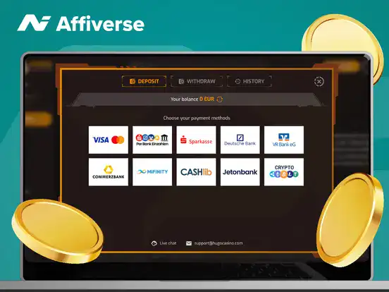 A laptop screen showing a crypto deposit interface with a Get address button and falling coins.