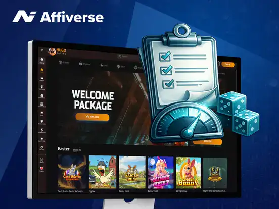 Online casino welcome package with checklist and dice illustration