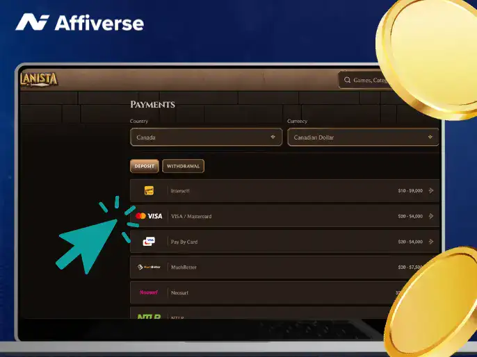Visa/Mastercard deposit options for players