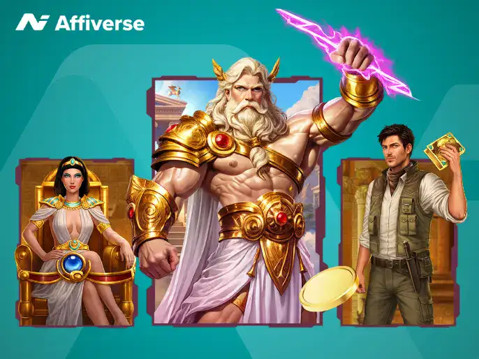 Mythical and adventure slot characters with coins for casino theme
