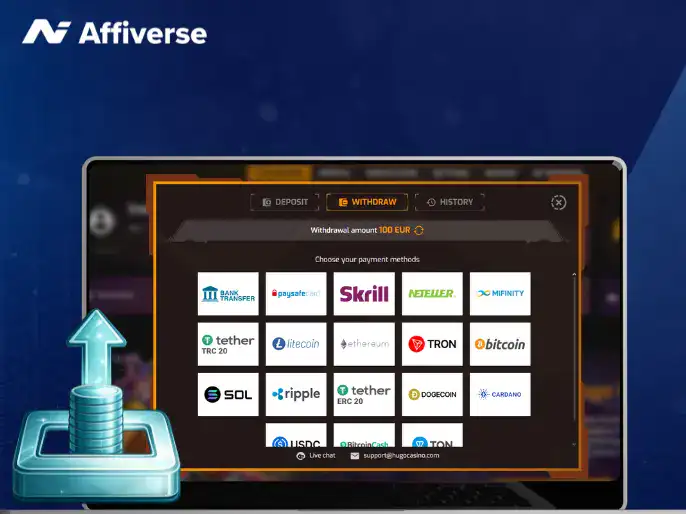 Casino withdrawal screen with bank transfer, e-wallet, and crypto payment options