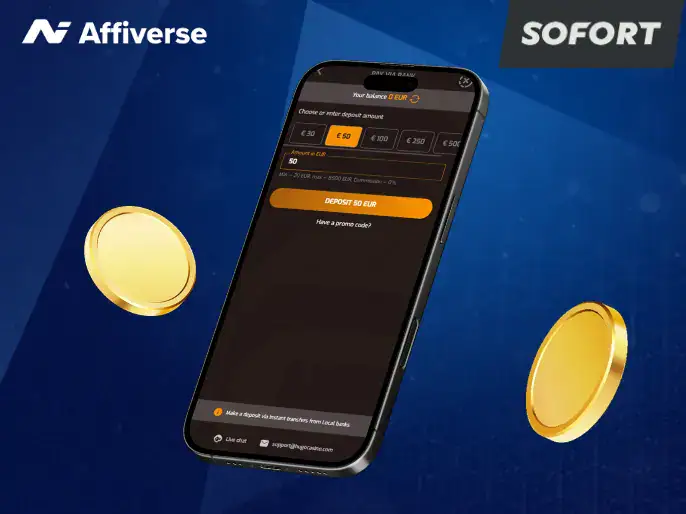 Sofort casino deposit screen on a tilted phone with floating gold coins