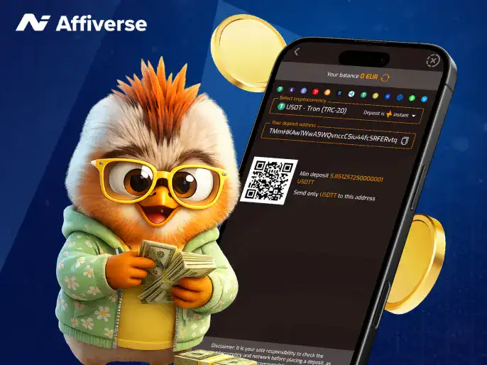 An owl mascot in a hoodie holds cash next to a phone displaying a USDT crypto deposit screen.