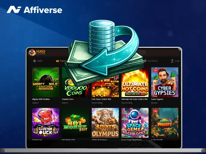 Casino games screen with coins and payout arrow illustration