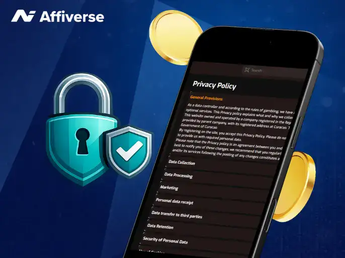 A privacy policy on a phone with a shield and two coins against a blue background.