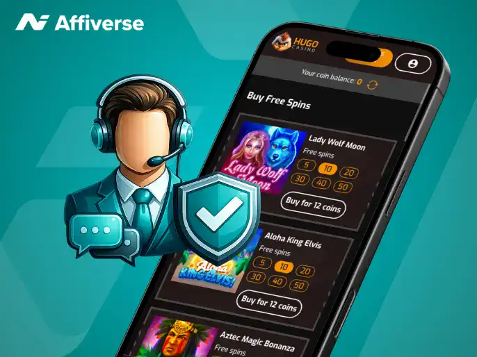 Mobile casino free spins screen with support agent and security shield