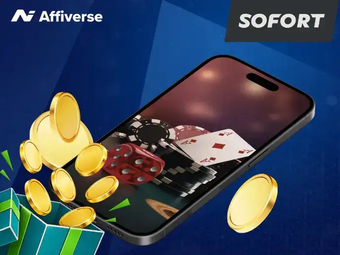Sofort casino gaming on a phone with cards, chips, dice, and gold coins