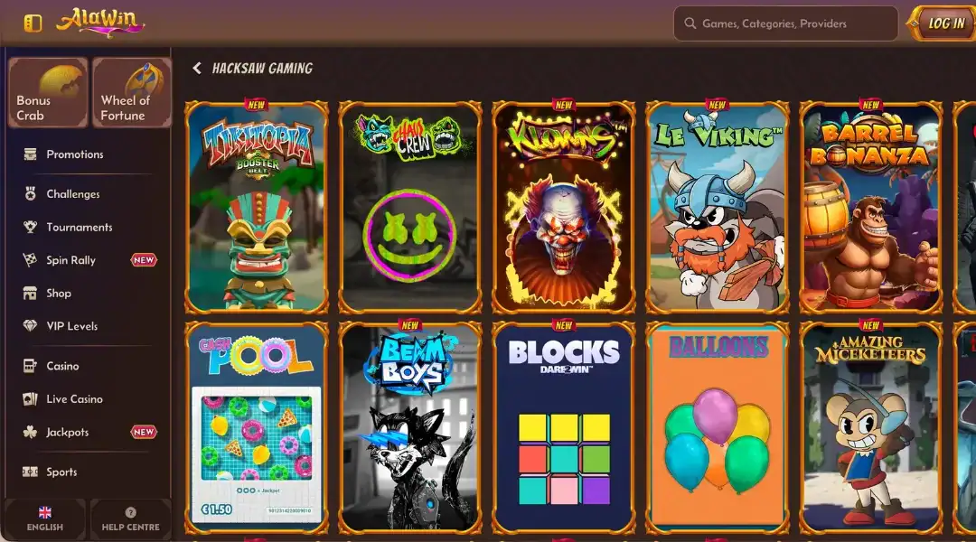 Alawin Casino interface featuring Hacksaw Gaming slots like Tikitopia and Chaos Crew.
