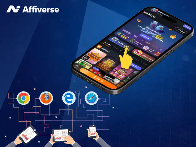 Smartphone showing Martin Casino app above browser icons and hands holding mobile devices.