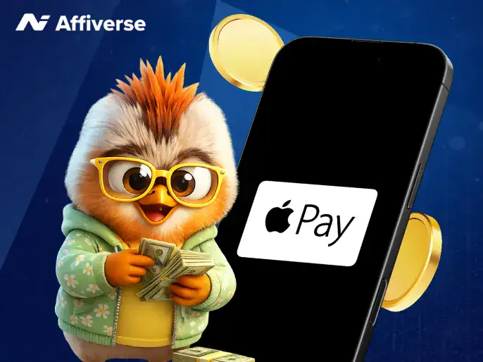 Apple Pay on a phone and a Hugo mascot with coins.