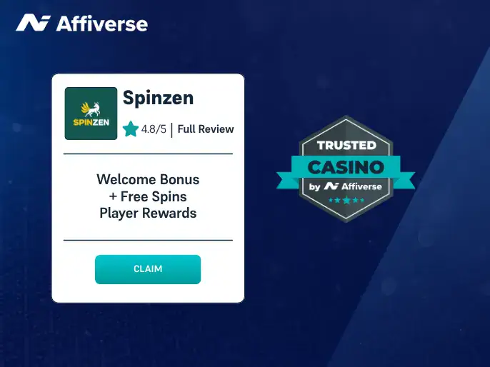 Casino review card for Spinzen with a Trusted Casino by Affiverse badge and a 4.8 star rating.