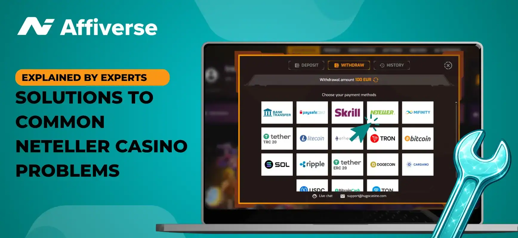 Laptop showing casino payment methods with a glowing blue wrench icon.