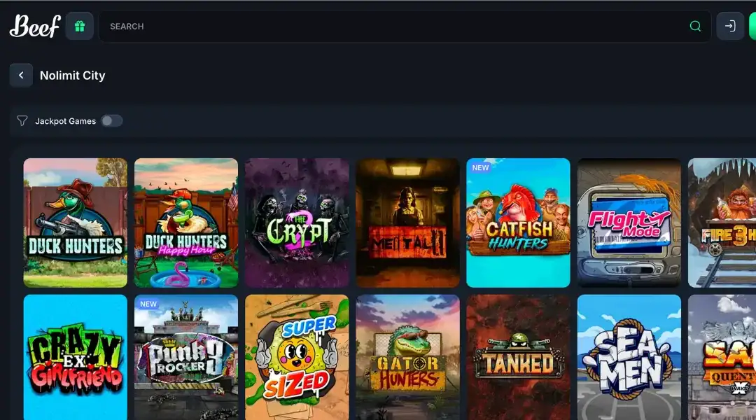 A grid of Beef Casino's Nolimit City game tiles including Duck Hunters and Mental on the Beef website.