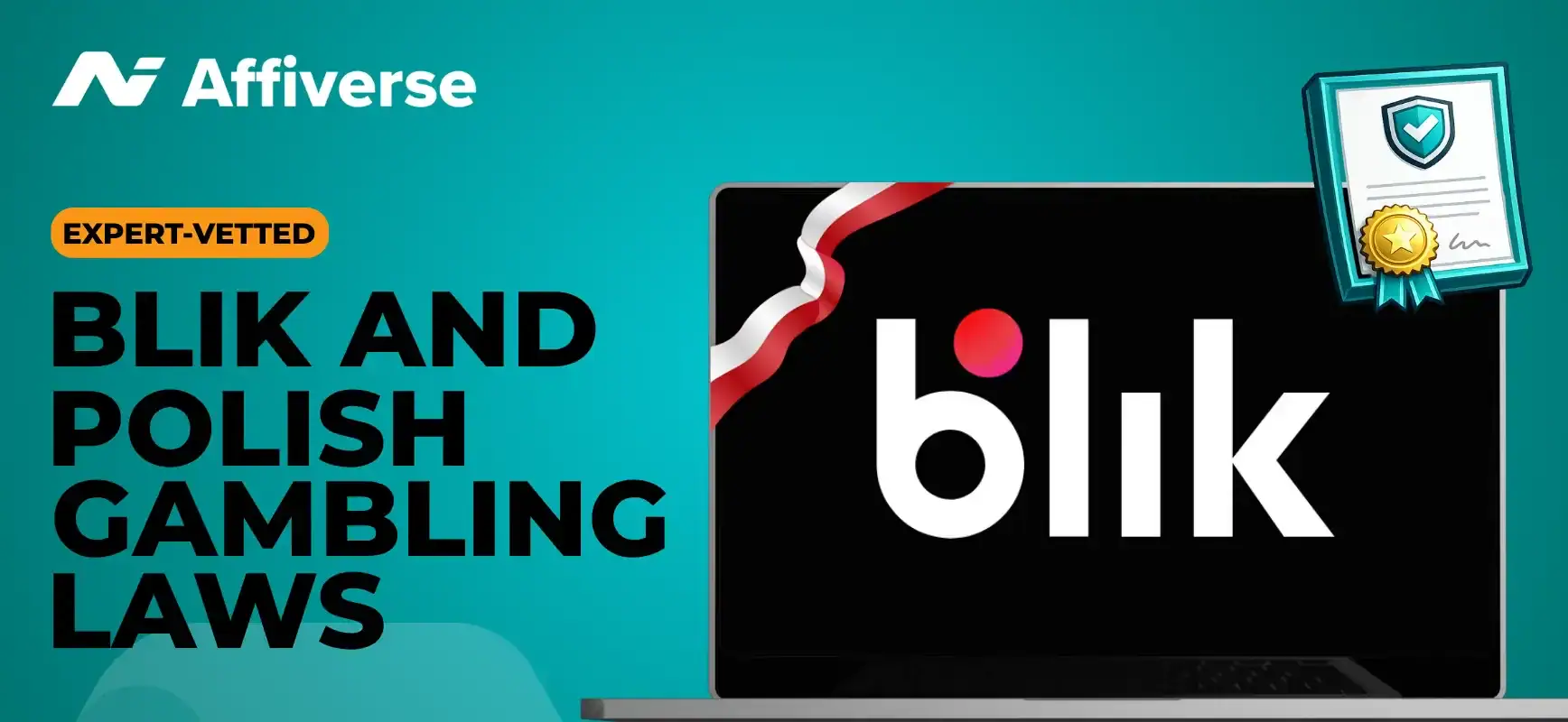 Laptop displaying the BLIK logo with text BLIK and Polish Gambling Laws and a ribbon in the Polish flag colors.