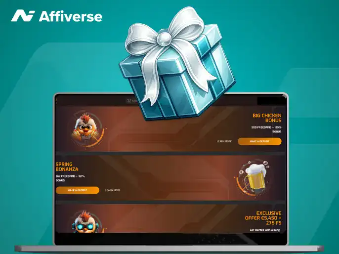 Laptop showing casino bonus offers with a large teal gift box floating above the screen.