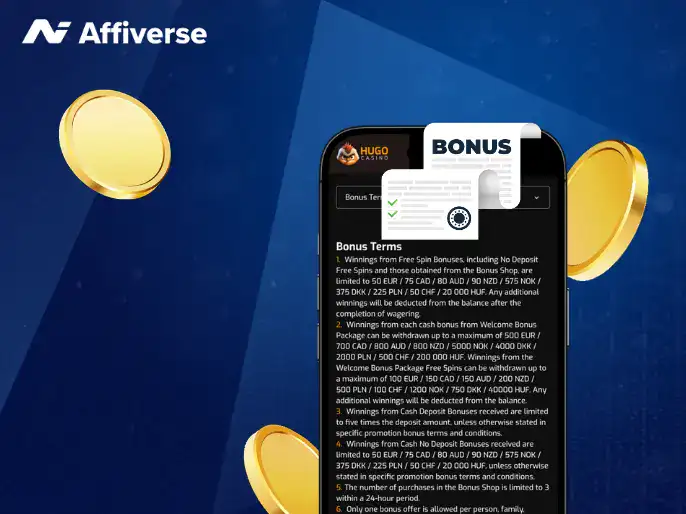 Smartphone showing casino bonus terms next to floating coins.