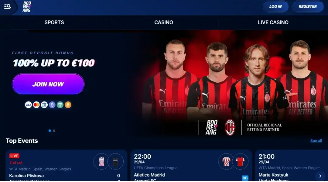 Boomerang-Bet Casino homepage captured.